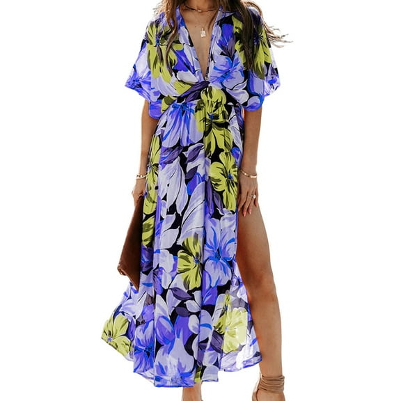 Women'S Summer Maxi Dress Short Sleeve V Neck Casual Loose Long Beach Split Dresses Blue XL