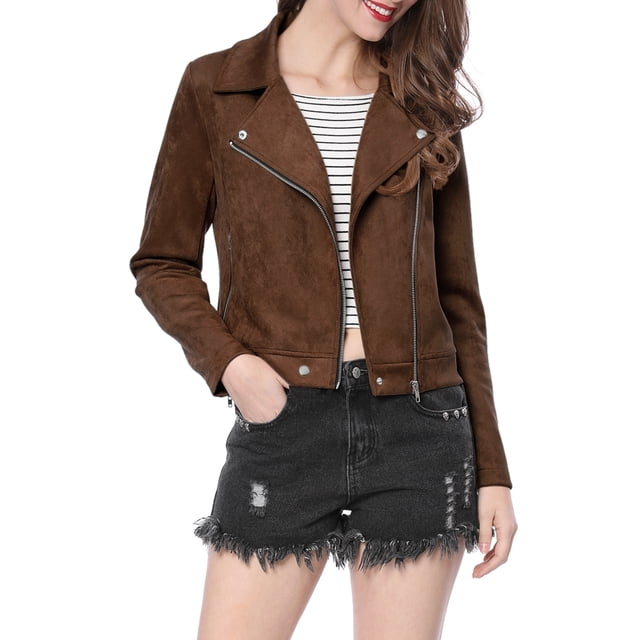 INSPIRE CHIC Women's Motorcycle Jacket Faux Suede Solid Color Asymmetric Zipper Jacket M Dark Brown