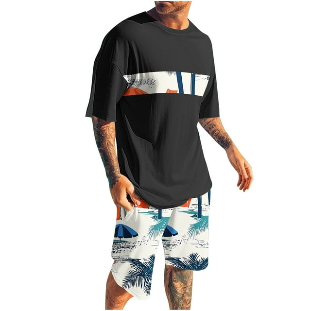 Mangas de Mano para Hombres, Impresión Hawaiana Suelta Casual, Pantalones Cortos Deportivos de Cintura Elástica Y Set de Blusa