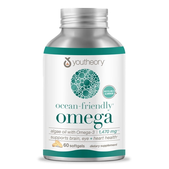 Youtheory Ocean Friendly Omega, Algae Oil with Omega-3, Supports Brain, Eye, and Heart Health, 60 Softgels