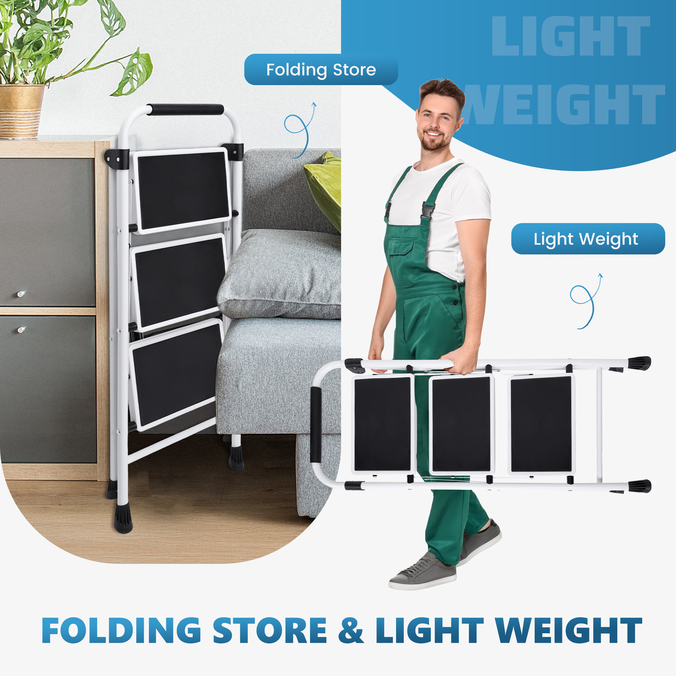 Jioabl 3-Step Heavy Duty Steel Ladder, 36 Inches, Black and White photo 5