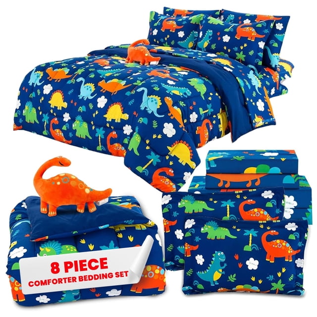 Sapphire Home 8 Piece Dinosaur Queen Bedding Set for Boys Bed in a Bag Kids Comforter Set with Bed Sheets Pillow Case Toy Pillow Toddler Bedroom Kit Dinosaur Room Decor for Boys Queen Size