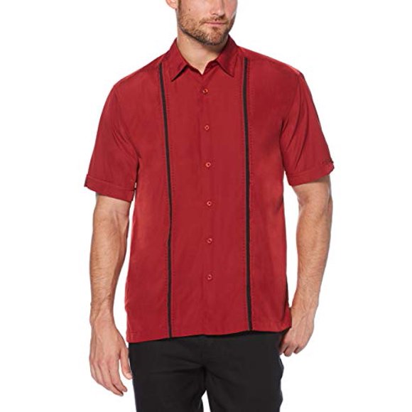 Cubavera Men's Short Sleeve Insert Panels with Pick Stitch Shirt, Biking Red, Small