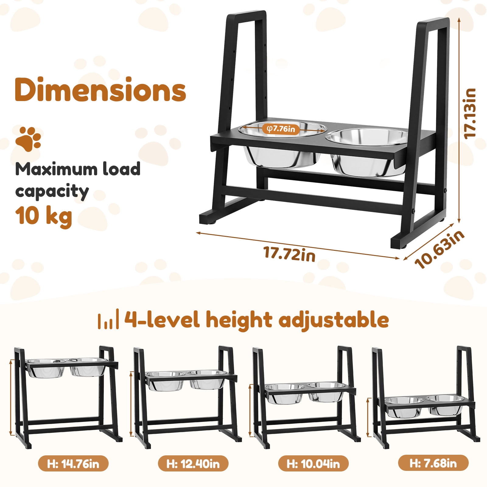 Enogets Elevated Dog Feeder with Stainless Steel Bowls, Adjustable 4-Level Height for Large Dogs, Easy-Clean Stand