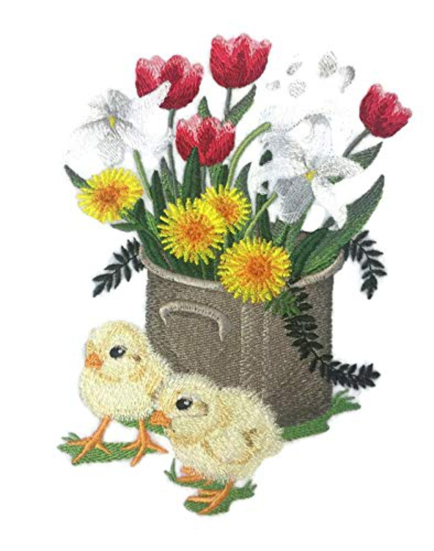 BeyondVision Custom and Unique Spring Blooms Flower with Vase[ Spring Stitches Chicks ] Embroidered Iron on/Sew Patch [6.37" 4.86"]