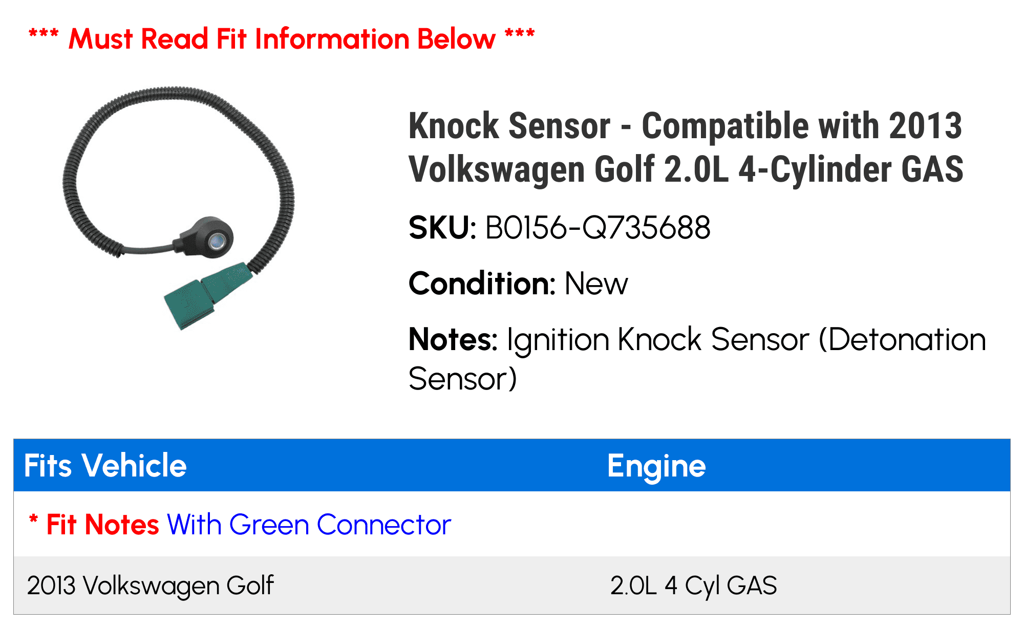 Knock Sensor - Compatible with 2013 Volkswagen Golf 2.0L 4-Cylinder GAS