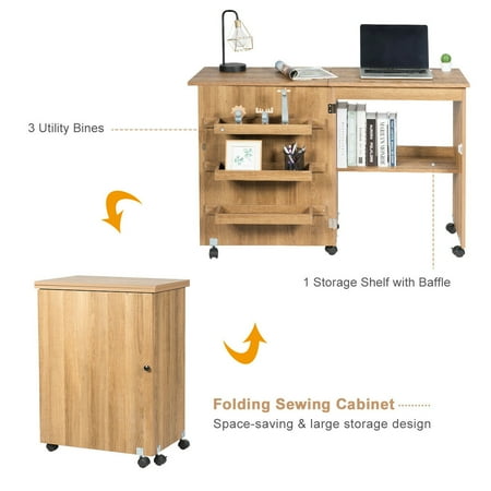 Gymax Folding Sewing Craft Table Shelf Storage Cabinet Home Furniture W Wheels Natural Walmart Canada