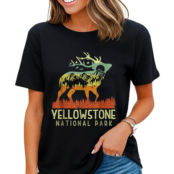 Yellowstone National Park Shirt Women Retro Vintage Mountain Elk Gift T-Shirt Black 4X-Large