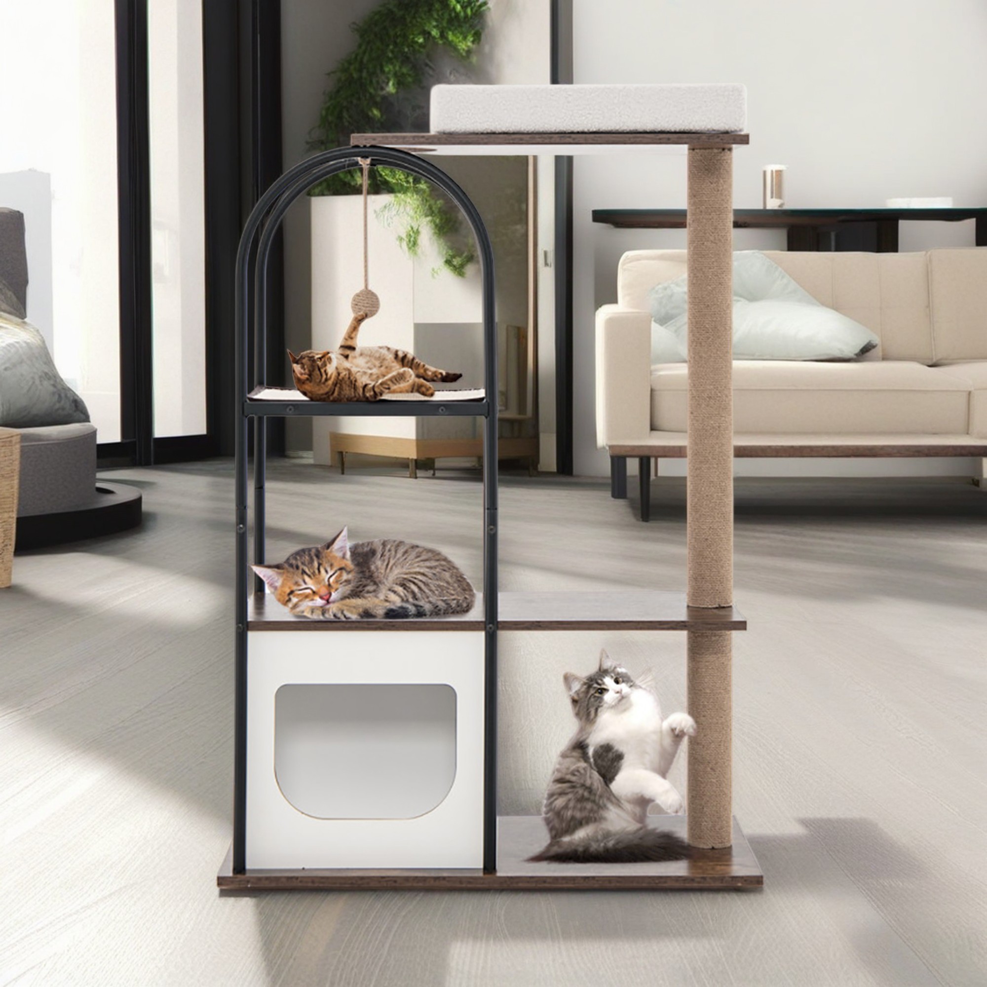 resenkos 47" Wood Cat Tree Tower for Indoor Cats, Multi-Level Cat Condo with Scratching Posts, Removable Cat Bed, Cat Tree House, White