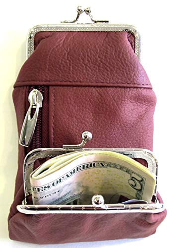 Women's - Leather Cigarette Case Coin Purse Double Twist Clasp Closure Zipper Pocket- Burgundy