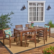 Fletcher Outdoor 7 Piece Acacia Wood Rectangular Dining Set, Dark Brown