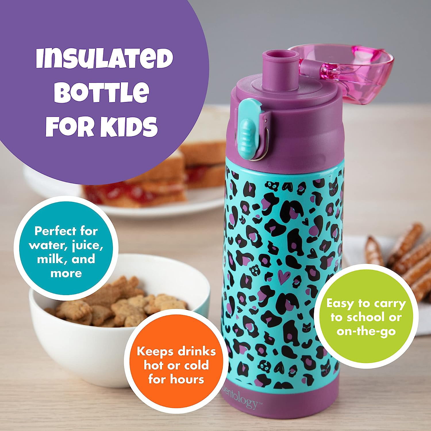 Double Wall Insulated 13oz Reusable Water Bottle for Kids - Cheetah - Spill  Proof Lid, Stainless Steel - Keep Liquids Hot/Cold For Hours - Use in Lunch  Boxes, Backpack School Bags or