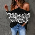 thumbnail image 4 of Babysbule Womens Tops Casual Loose Women Flowers Printing V-Neck Long Sleeve Halter workout Off Shoulder T-Shirt Casual Tops Blouse On Outfit, 4 of 5