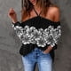 thumbnail image 4 of ICHUANYI Clearance Women Flowers Printing V-Neck Long Sleeve Halter Sexy Off Shoulder T-Shirt Casual Tops Blouse(Black, S) ICHUANYI WER2023081402896, 4 of 5