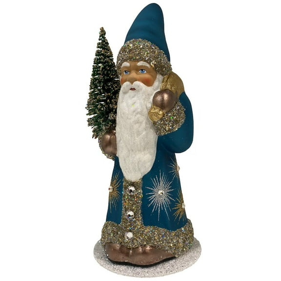 SCHALLER Paper Mache Candy Container - Santa in Aqua with Fancy Stars and Crystal Details