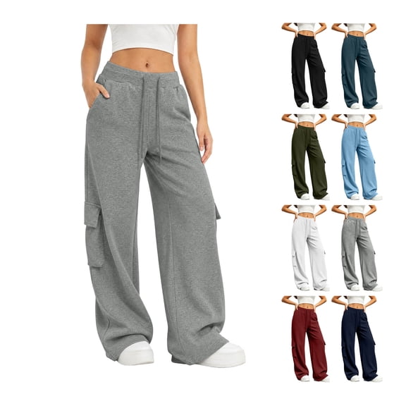 Cargo Wide Leg Sweatpants for Women High Waist Solid Color Elastic Waist SportsCasual Pants With Multi Side Pockets