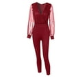 thumbnail image 3 of Xingqing Elégant Parti Femmes Jumpsuit Paillettes Mesh Transparent Manches Longues V-Cou Bodycon Pantalon Romper Vin Rouge L, 3 of 9