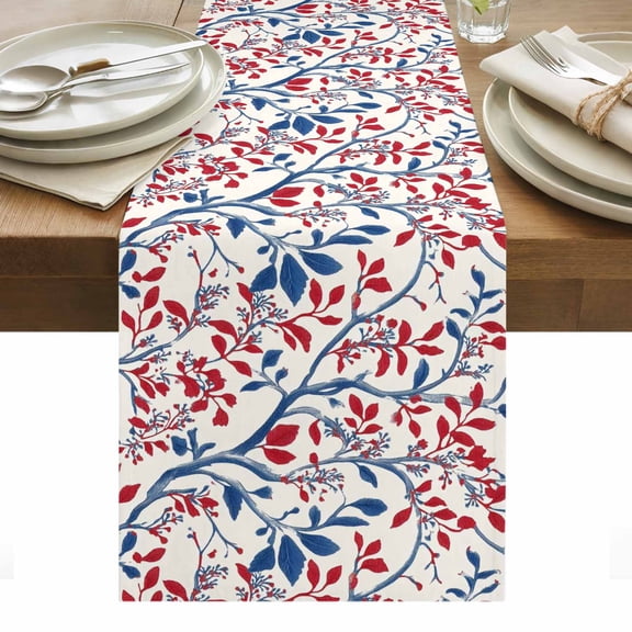 Red Blue Leaf Table Runner - 60 Inch Long, Kitchen Dining Table Runner Dresser Scarves, Summer Vintage Botanical Branch Farmhouse Decor for Coffee Tables Wedding Party Banquet