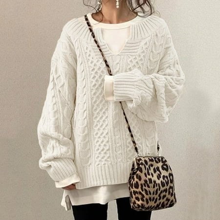 MKLEKYY Chandails Confortables pour Femmes, Mode Décontractée, Motif Uni, Chandail à Manches Longues en Tricot