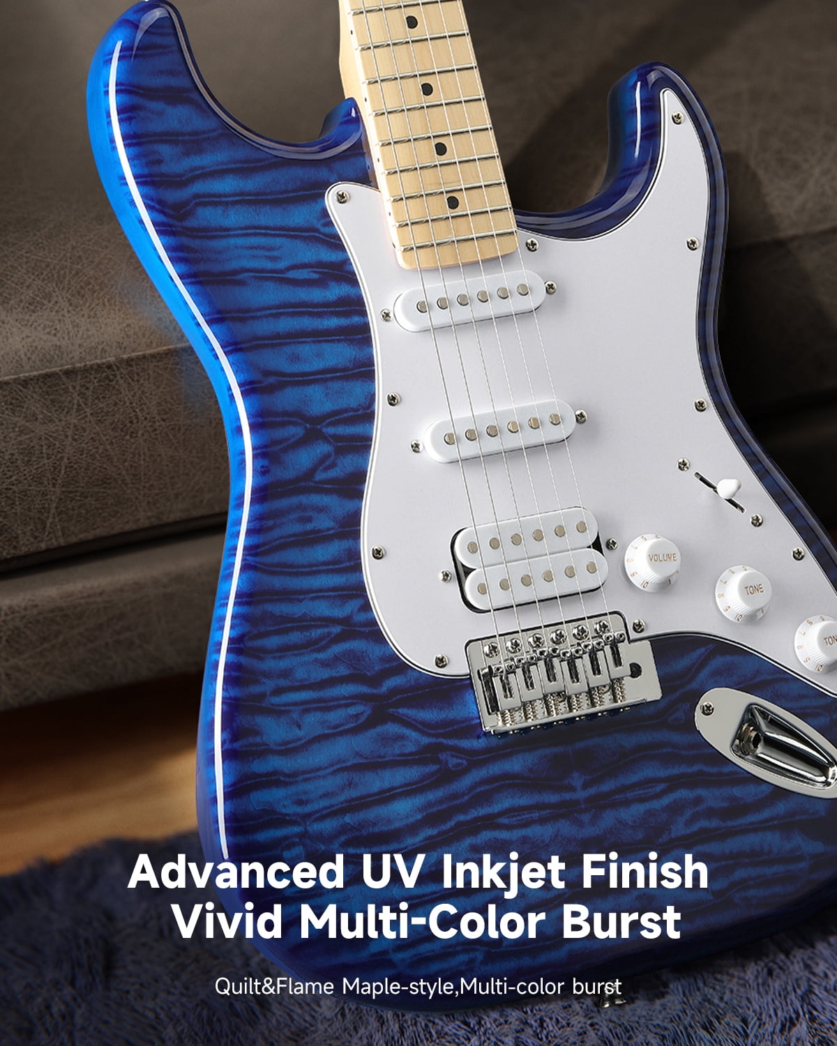 Donner DST-95 Electric Guitar Kit, 39" Beginner Solid Body Starter Set, with Amplifier, Bag, Capo, Strap, String, Tuner, Cable, Picks, Blue