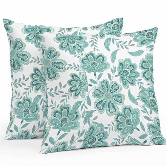 Outdoor Waterproof Pillow Covers Gradient Teal Ethnic Flower Decorative Throw Pillow Protectors for Patio Sofa Garden Couch,18x18in 2 Pack