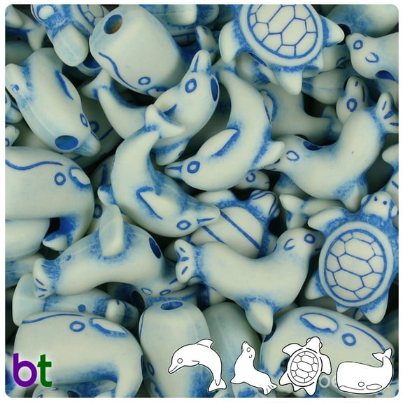 BeadTin Ivory w/Blue Antique Marine Life Pony Beads (2oz)