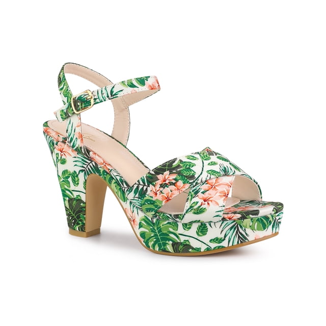 BLISSFUL STEP Women's Shoes Floral Pattern Platform Chunky Heel Open Toe Slingback Buckle Strap Sandals Green 9