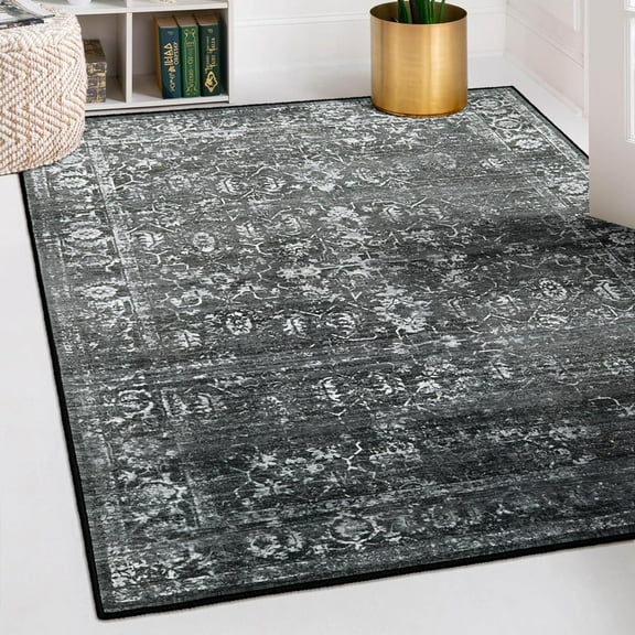 5x7 Washable Black Area Rug, Non Slip Floor Carpet for Living Room, Stain Resistant Dining Room Rug