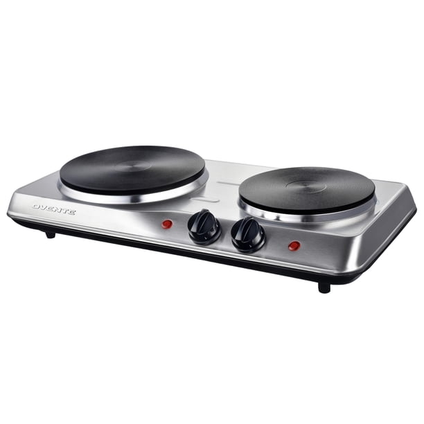 Ovente Encimera Eléctrica Doble Quemador 1700W Estufa Con Placas Calientes De Hierro Fundido De 7.25"" Y 6.10"" Control De Temperatura Estufa De Cocina Portátil Y Base De Acero Inoxidable Fácil De Lim