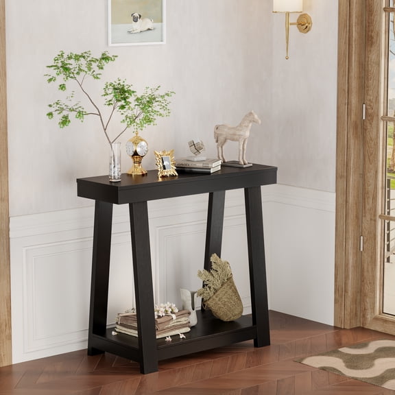 Carsolt 36 Inch Industrial Console Table with Metal Frame, 2-Tier Narrow Entryway Table for Small Spaces Living Room Entryway-Black