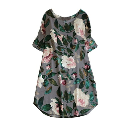 Prom Party Tank Dress (Tunic Shirt for Women Lady Tank Top Mini Dress Floral Summer Casual Prom Party Loose Short Sleeve)