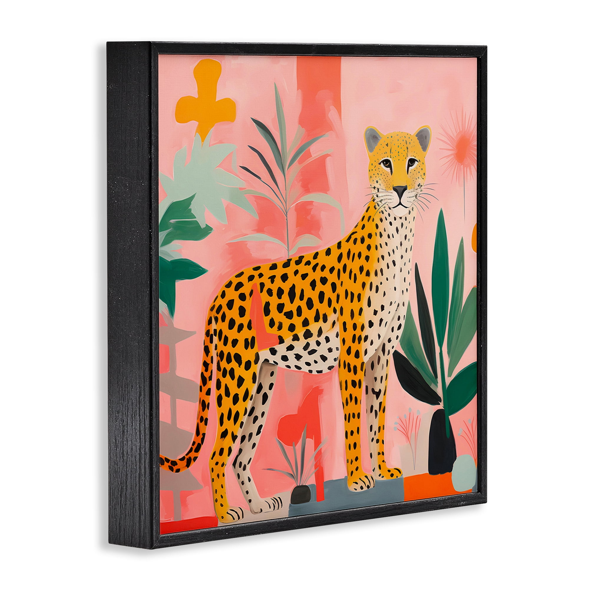 Stupell Industries Standing Leopard & Plants Animals & Insects Painting Black Framed Art Print Wall Art, 17 x 17
