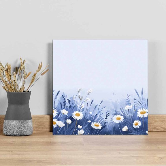 Spring Daisy Blue Wall Art Painting on Canvas, Pastoral Botanical White Floral Leaf Canvas Art Home Prints Wall Art Framed Modern Artwork for Living Room Bedroom Wall Decor 8x8in