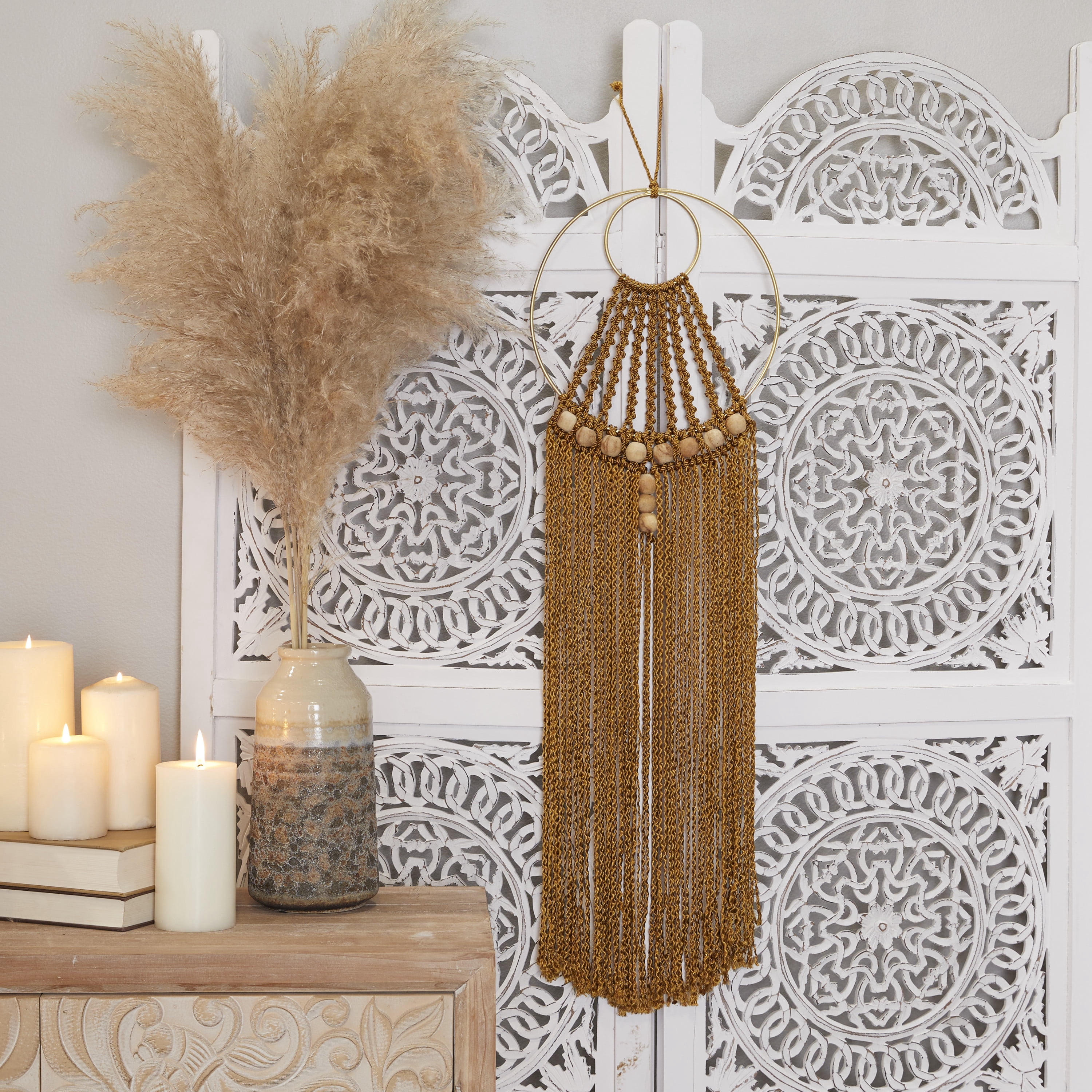 DecMode Brown Fabric Intricately Weaved Macrame Wall Decor with Beaded Fringe Tassels