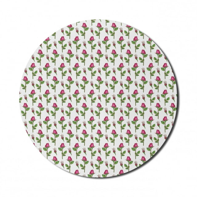 Floral Mouse Pad for Computers, Hand Drawn Inspired Roses in Spring Tones Illustration on Plain Background, Round Non-Slip Thick Rubber Modern Mousepad, 8" Round, Pink Pistachio Green, by Ambesonne