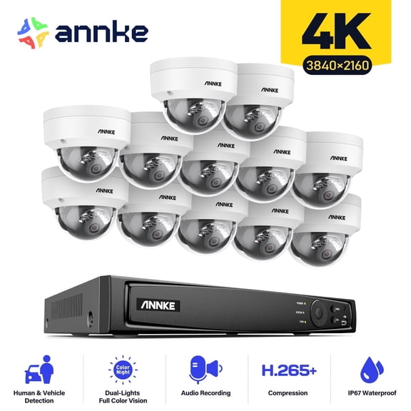 ANNKE 4K 16CH PoE Camera System, H.265 12MP NVR, 12X 8MP Wired Dome Security IP Cams, AI Human/Vehicle Detection, Built-in Mic, 0TB HDD, Spotlight Color Night Vision, Compatible with Alexa