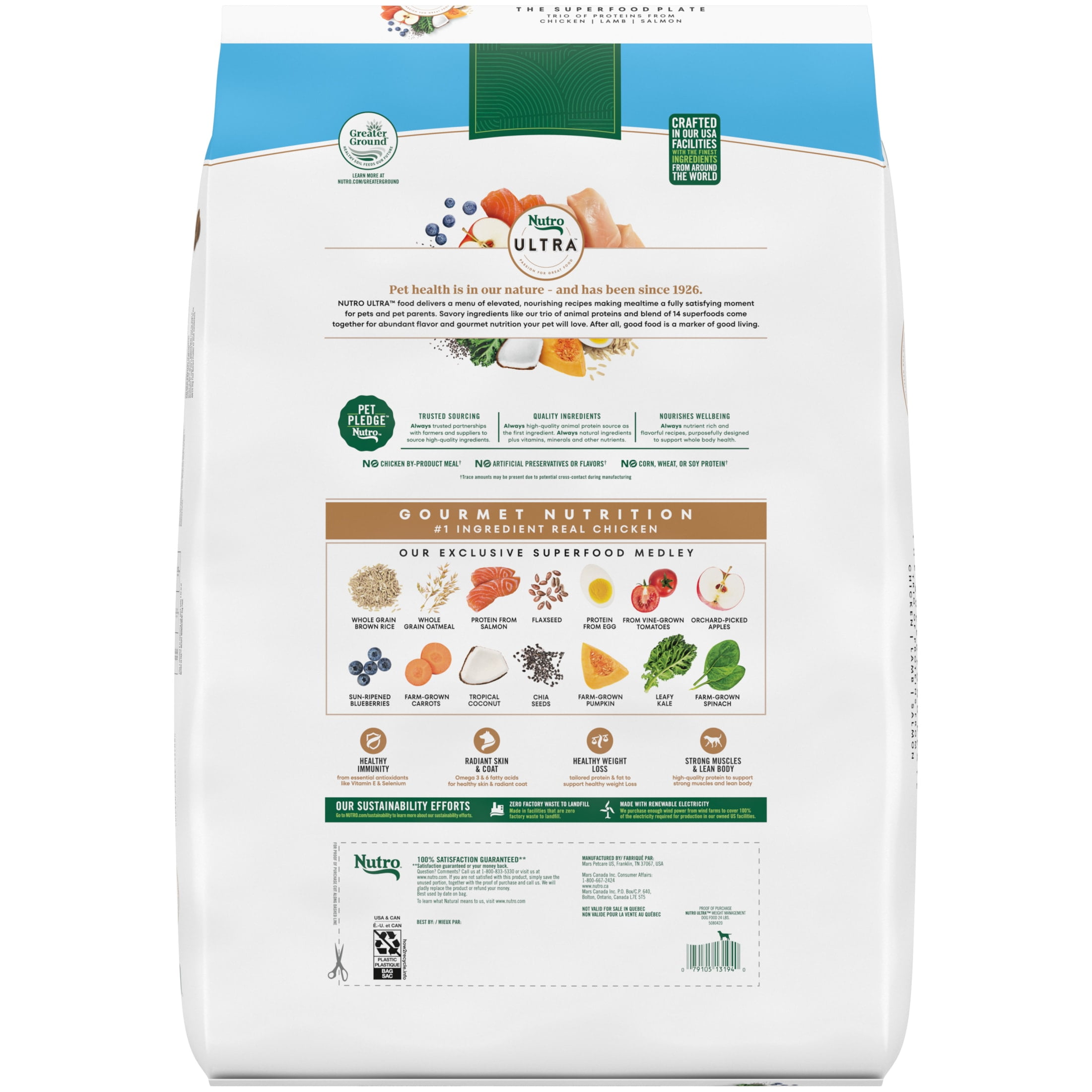 Nutro Ultra Adult Weight Management Dry Dog Food, Chicken, Lamb and Salmon Protein Trio, 24 lb Bag