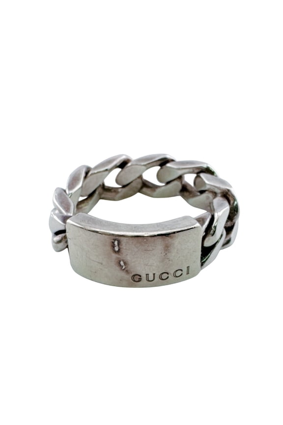Pre-Owned GUCCI logo chain ring, silver jewelry.