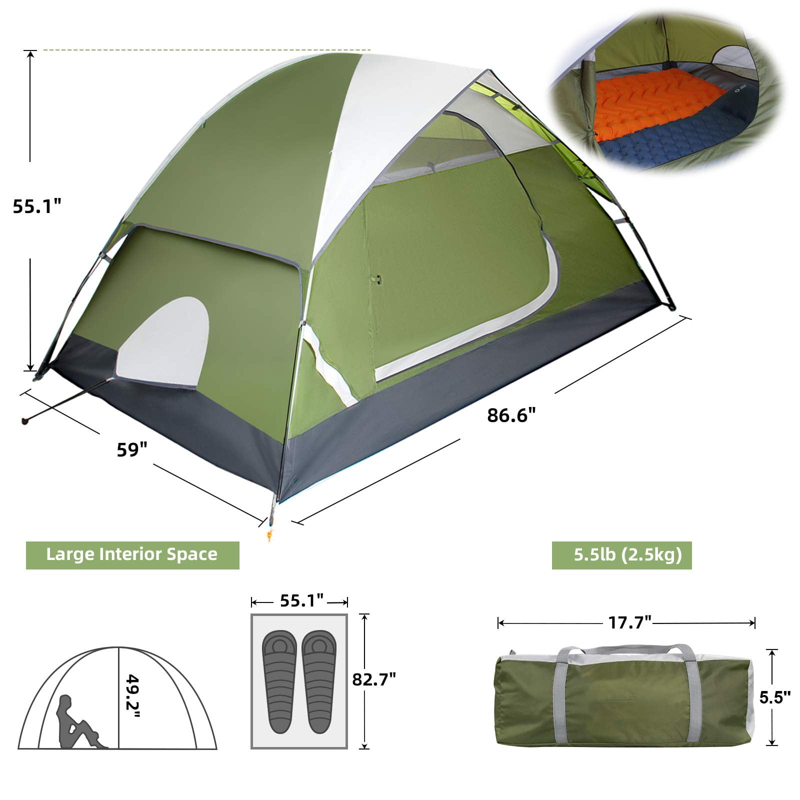 Kroyicegears 2 Person Tents for Camping -  Lightweight Outdoor Camping Tents 5 lb