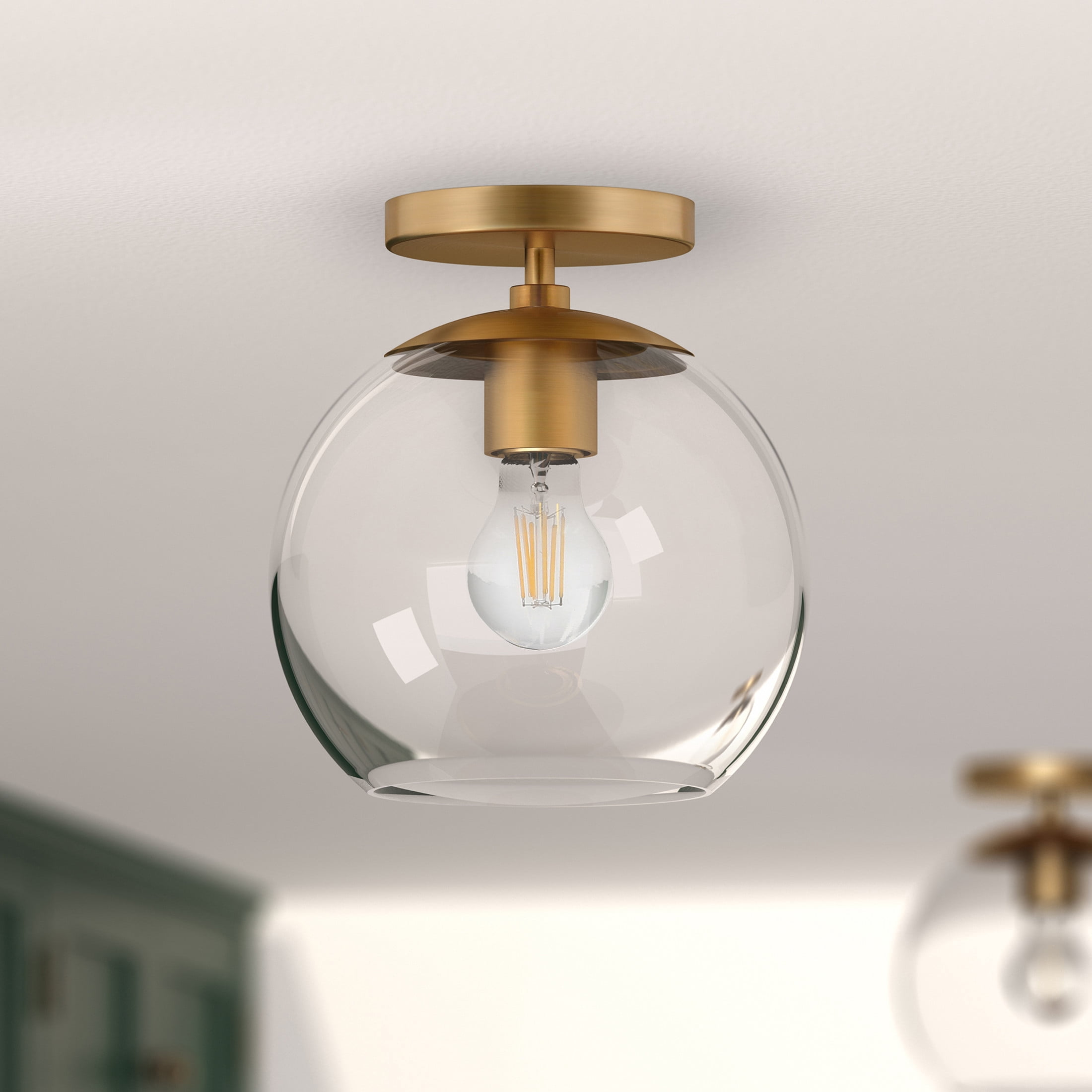 Evelyn&Zoe 9" Brass Finish Metal/Glass Semi Flush Mount