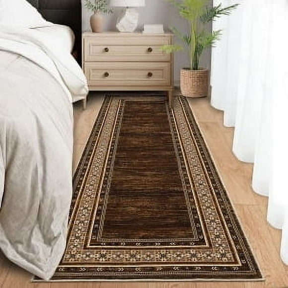YUSAZENS 2x 6 Washable Runner Rug Modern Bordered Floral Non-Slip Bedroom Runner for Laundry, Kitchen, Hallway, Soft Accent Rug for Home Decor Red Brown