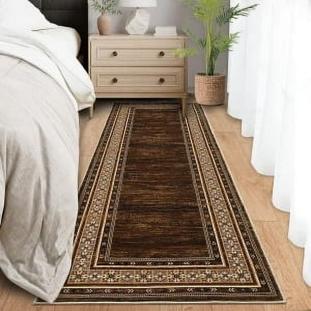 YUSAZENS 2x 6 Washable Runner Rug Modern Bordered Floral Non-Slip Bedroom Runner for Laundry, Kitchen, Hallway, Soft Accent Rug for Home Decor Red Brown