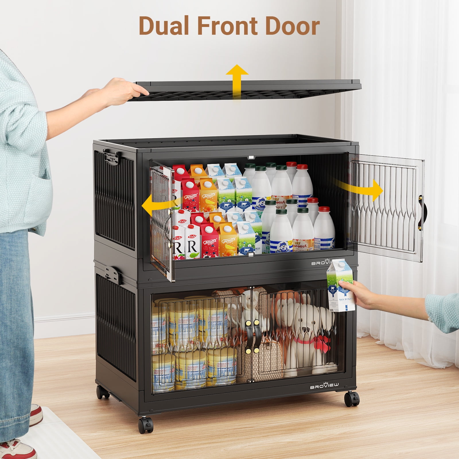 Broview 180Gal Large Stackable Storage Bins with Lid & Doors, 720QT Folding Closet Organizers with 8x Wheels, Plastic Containers With Drawers, Collapsible Cabinets Boxes for Home, 6Pack Black, V8