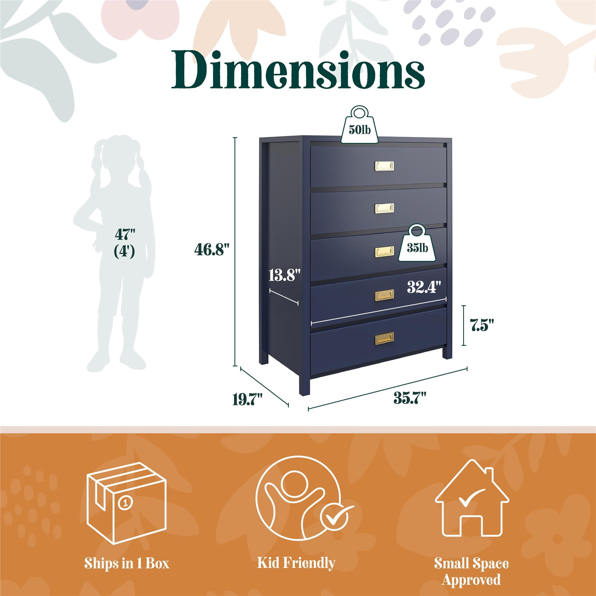 Max & Finn Haven 5-Drawer Kids' Dresser, Navy