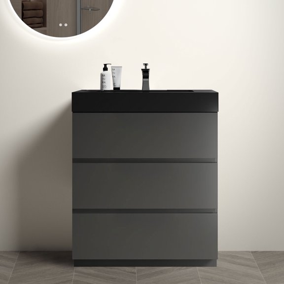 30" Gray Bathroom Vanity with Sink, Large Storage Freestanding Bathroom Vanity for Modern Bathroom, One-Piece Black Sink Basin without Drain and Faucet