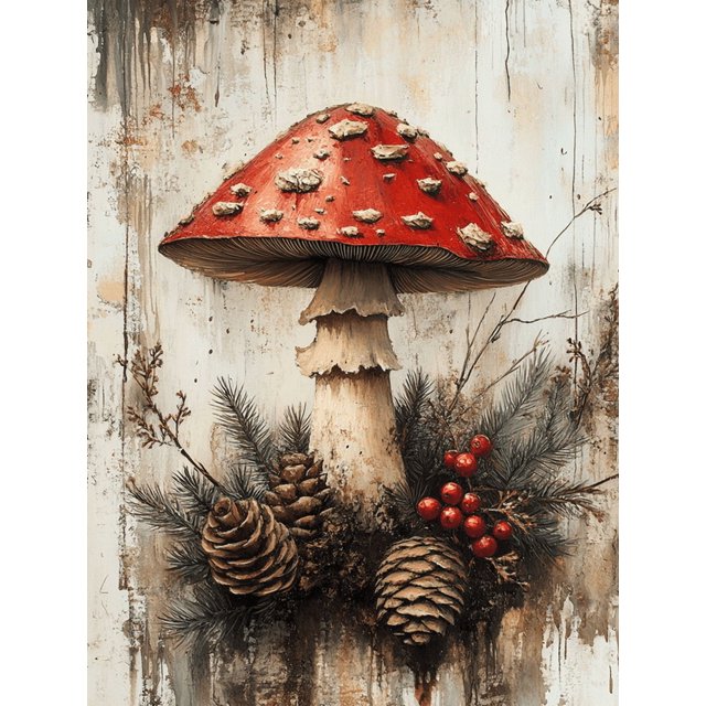 Qisvanset Framed Canvas Wall Art 12x16 Inch Red Mushroom Holly Woodland Holiday Wall Decor