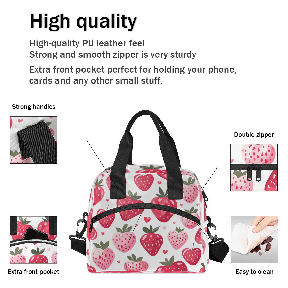 Herdesigns Strawberry Insulated Lunch Bag for Women Men Adults Large Reusable Lunch Box Pink Leakproof Cooler Tote Bags with Adjustable Shoulder Strap