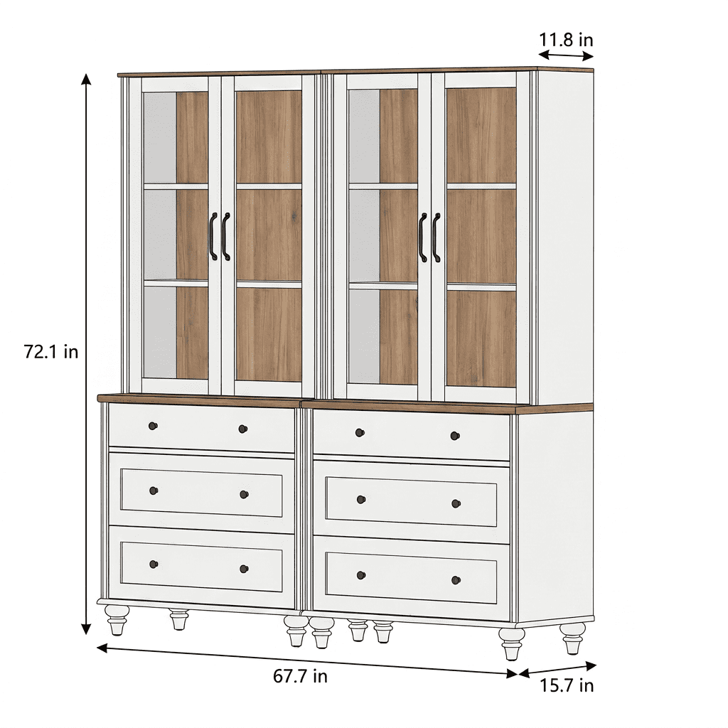White 5-Tier Bookcase with Glass Doors, Bookshelf with 6 Drawers, Farmhouse Library Wooden Bookshelves for Living Room, Office, Kitchen