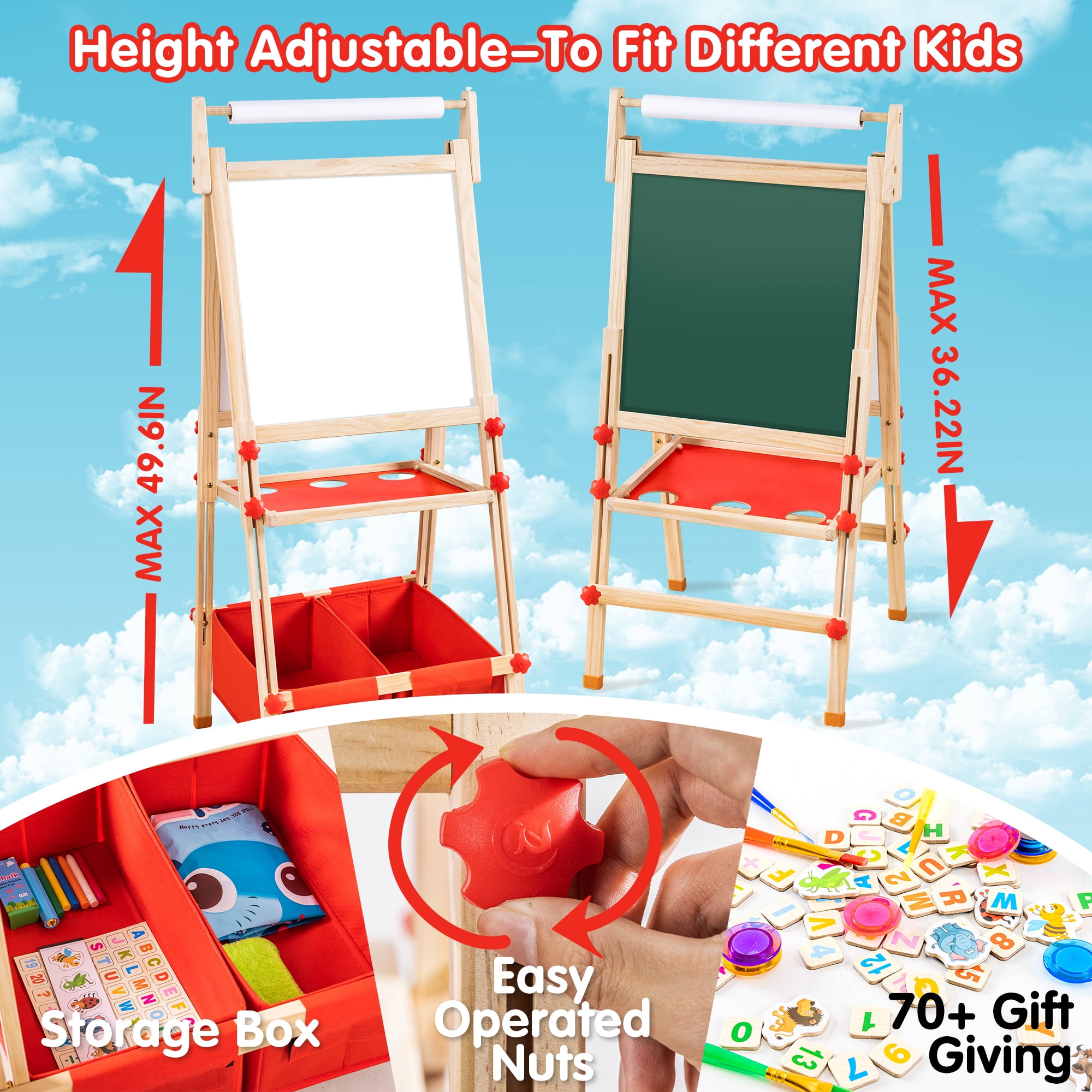 Finenolo All-in-One Art Easel Kids Easels for Kids, Height Adjustable Wooden Art Easel with Paper Roll  for Toddlers 2-4 Years and Magnetic Double Sided Art Easel for Kids Ages 4-8