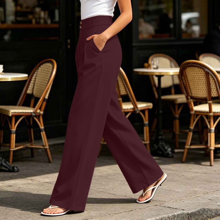 ladies dress pants walmart Pounoo Womens Wide Leg Pants High Waist Double Button Pleated Wide Leg Plain Womens Dress Pants Loose Fit Formal Occasion Soft Womens Dress Pants